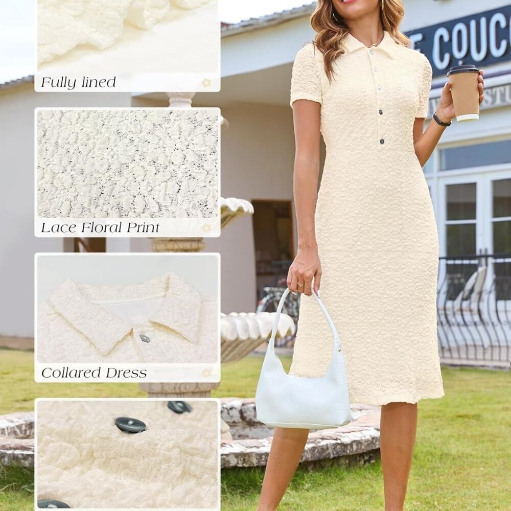 Womens 2025 Spring Summer Short Sleeve Elegant Lace Button Down Semi-Formal Work - Picture 5 of 6
